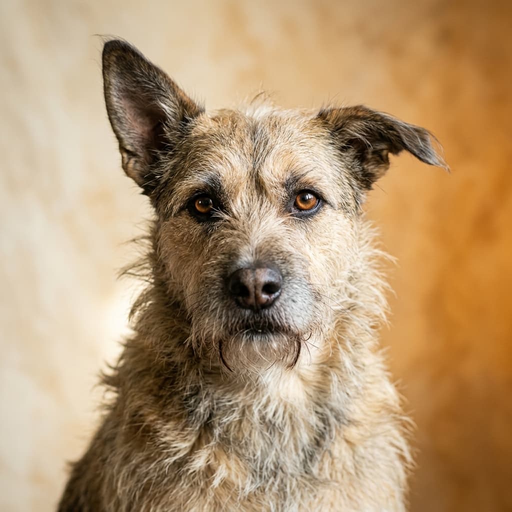 Glamour shot of a rescue mix in the Decoded Dog style